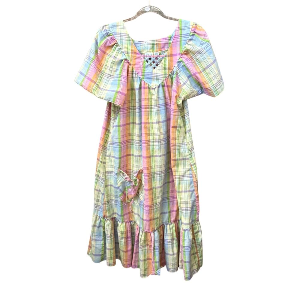 Vintage HABAND Madras Plaid Muu Muu Lounge Dress Nightgown Sz Large